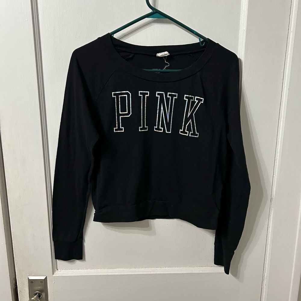 PINK Victoria's Secret Black Holographic Logo Top